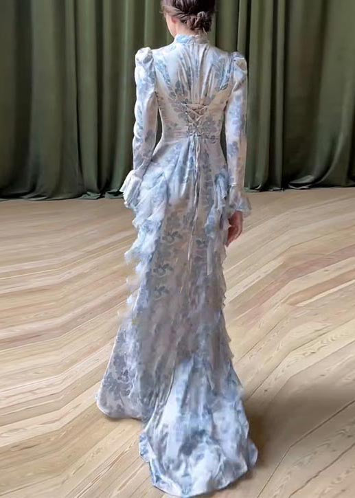 Robe longue blanche en mousseline de soie à volants et imprimés magnifiques, printemps