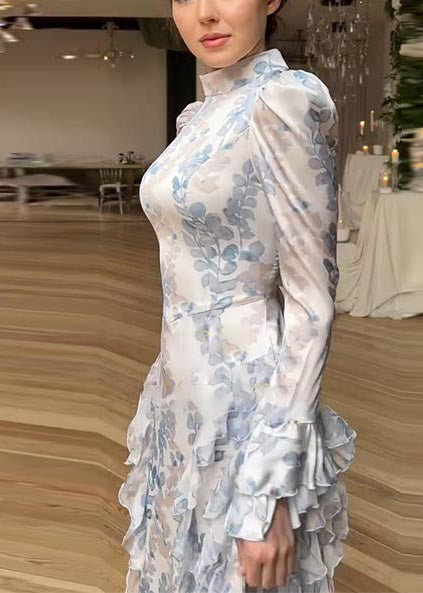 Robe longue blanche en mousseline de soie à volants et imprimés magnifiques, printemps