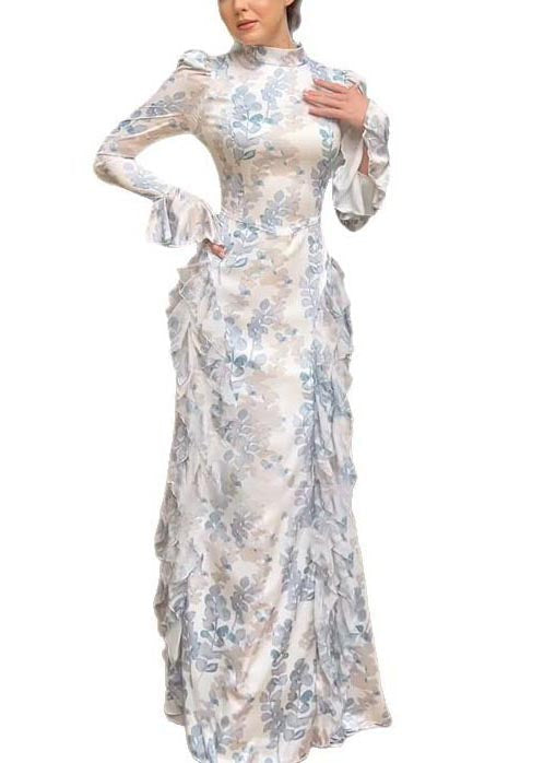Robe longue blanche en mousseline de soie à volants et imprimés magnifiques, printemps