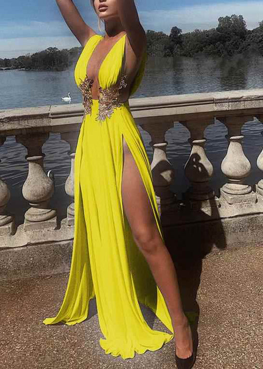 Robe de soirée jaune à décolleté plongeant et à encolure latérale pour l'été