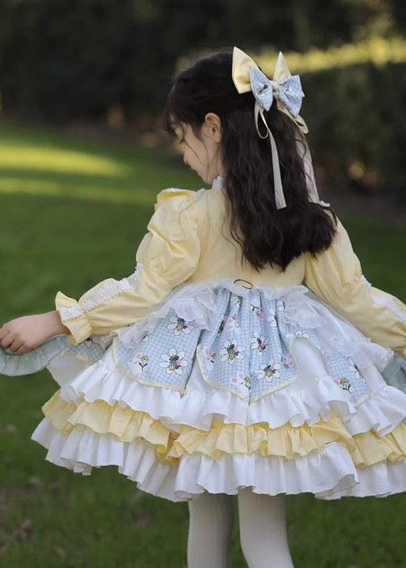 Beautiful Yellow Ruffled Patchwork Kids Mid Dress Spring YE027