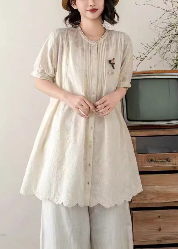 Hauts brodés ligne A beige froissé coton d'été