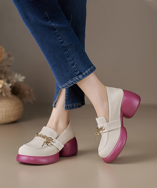 Leather Loafer Platform Cowhide Splicing Shoes Beige