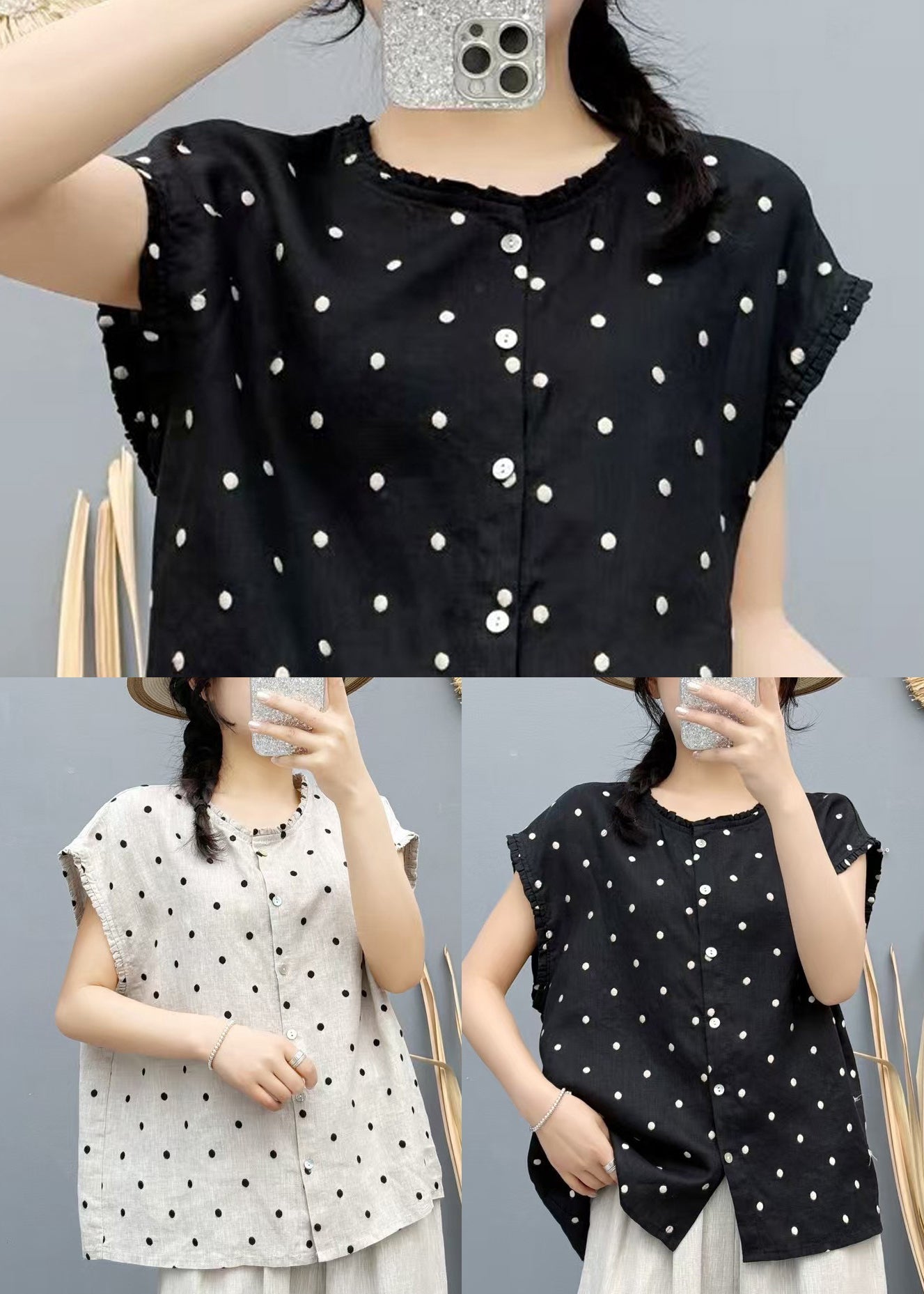 Gilet de plage surdimensionné sans manches en lin beige à pois