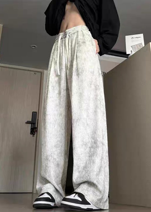 Pantalon large en coton avec poches et lacets pour homme, teinture beige