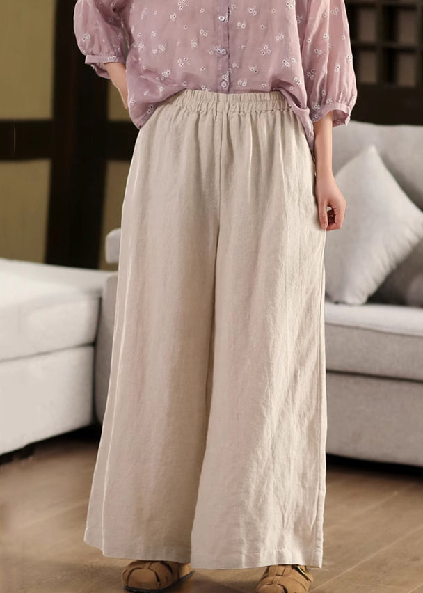 Hose Elastisch Taschen Leinen Lockeres Bein Taille Beige Sommer Weit