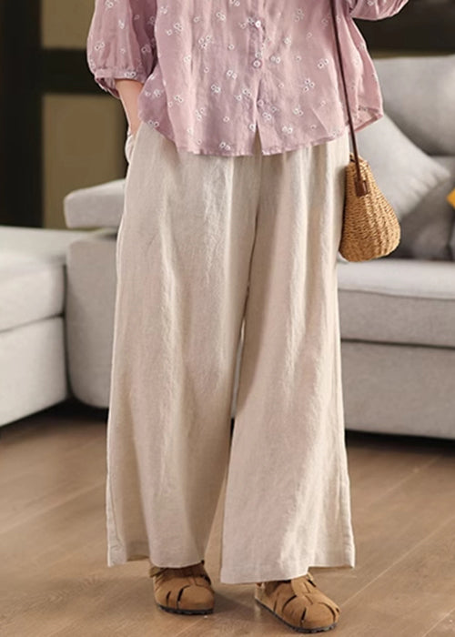 Hose Elastisch Taschen Leinen Lockeres Bein Taille Beige Sommer Weit