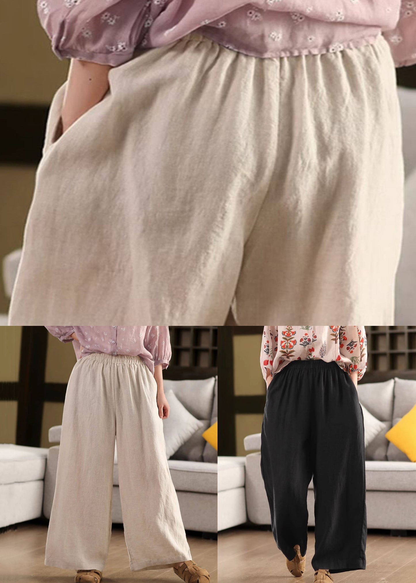 Hose Elastisch Taschen Leinen Lockeres Bein Taille Beige Sommer Weit