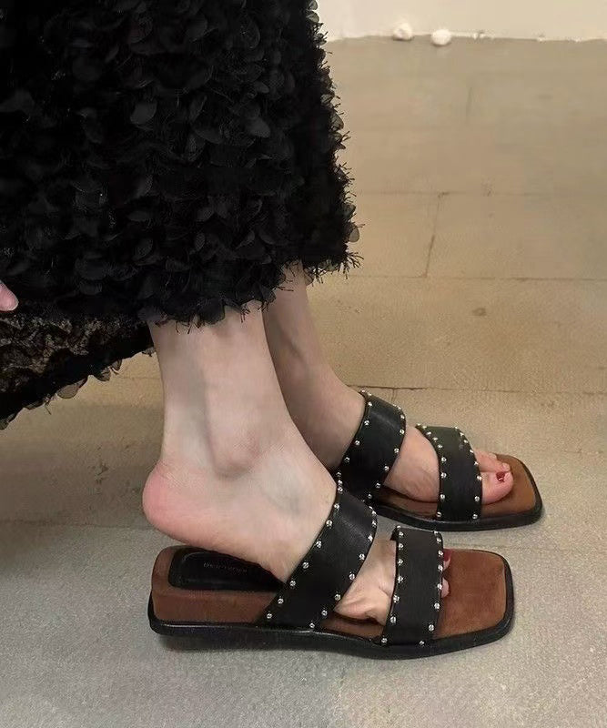 Splicing Wedge Peep Toe Beige Slide Rivet Sandals