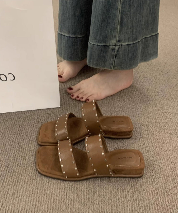 Splicing Wedge Peep Toe Beige Slide Rivet Sandals