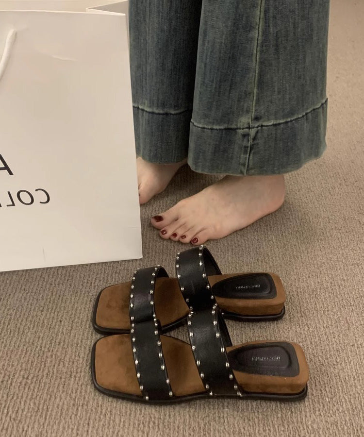 Splicing Wedge Peep Toe Beige Slide Rivet Sandals