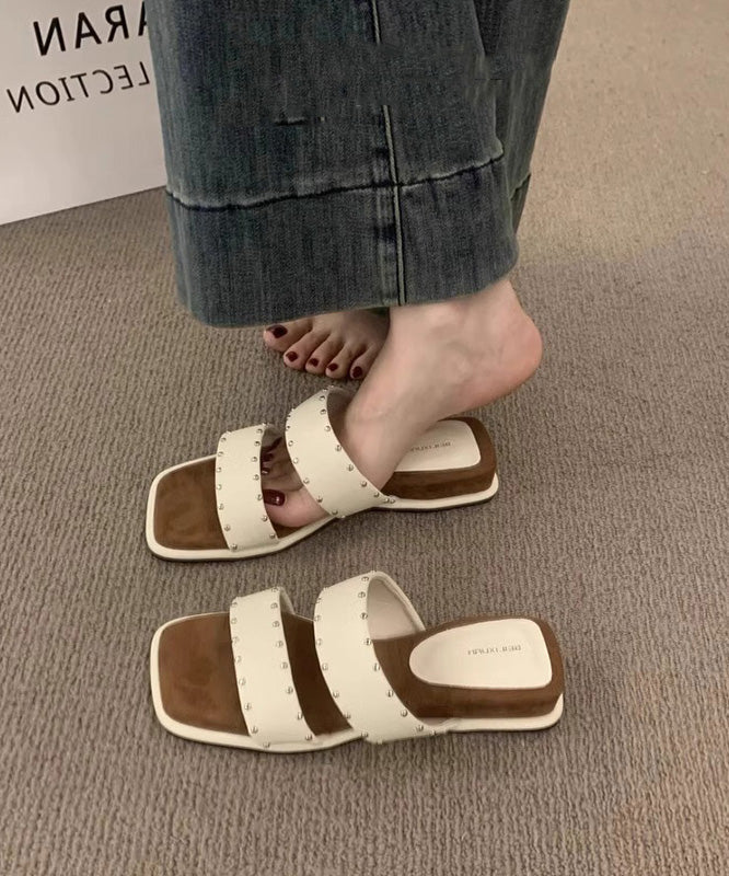 Splicing Wedge Peep Toe Beige Slide Rivet Sandals