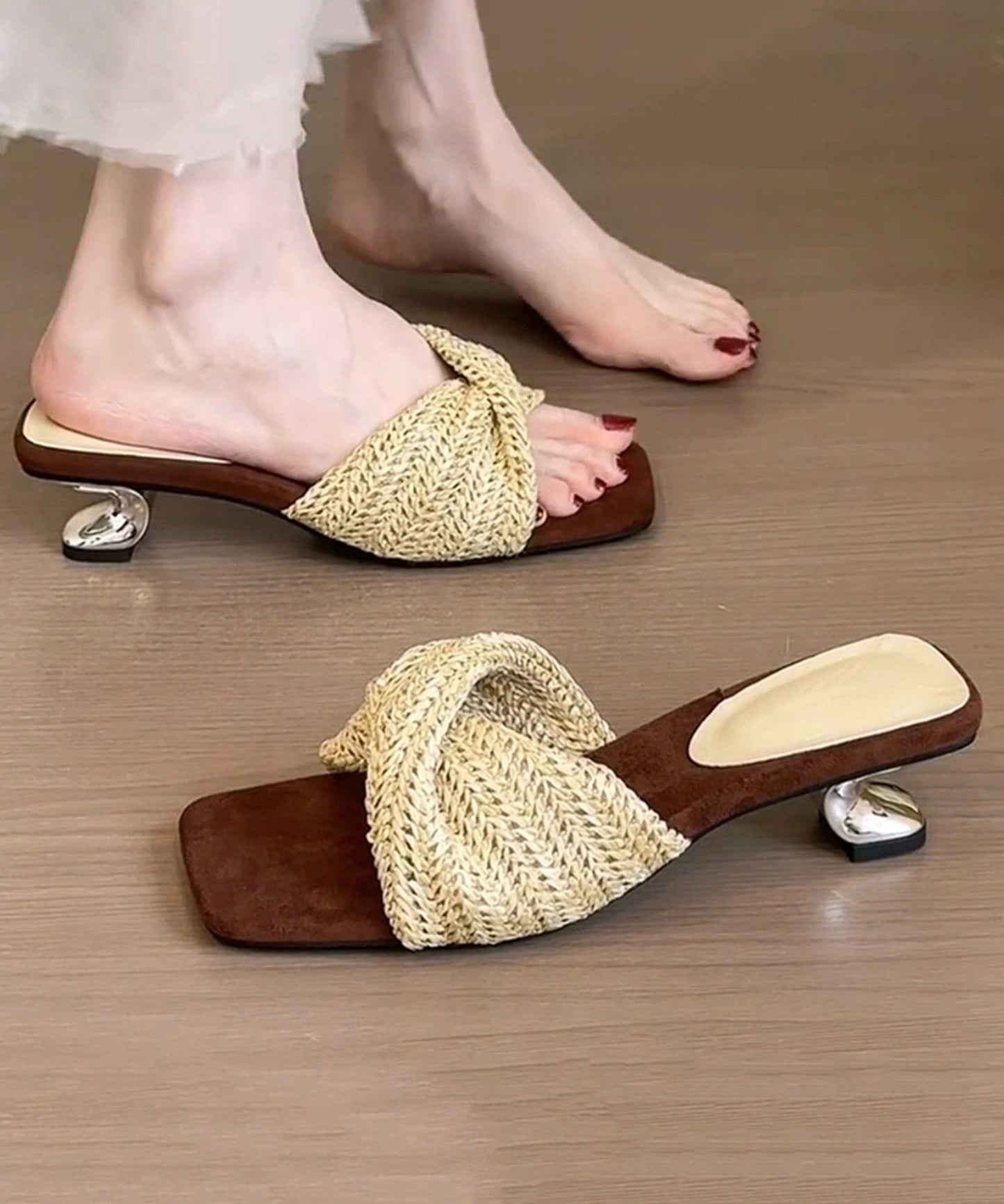 Sandals Faux Slide Leather Fitted Beige Wedge Splicing