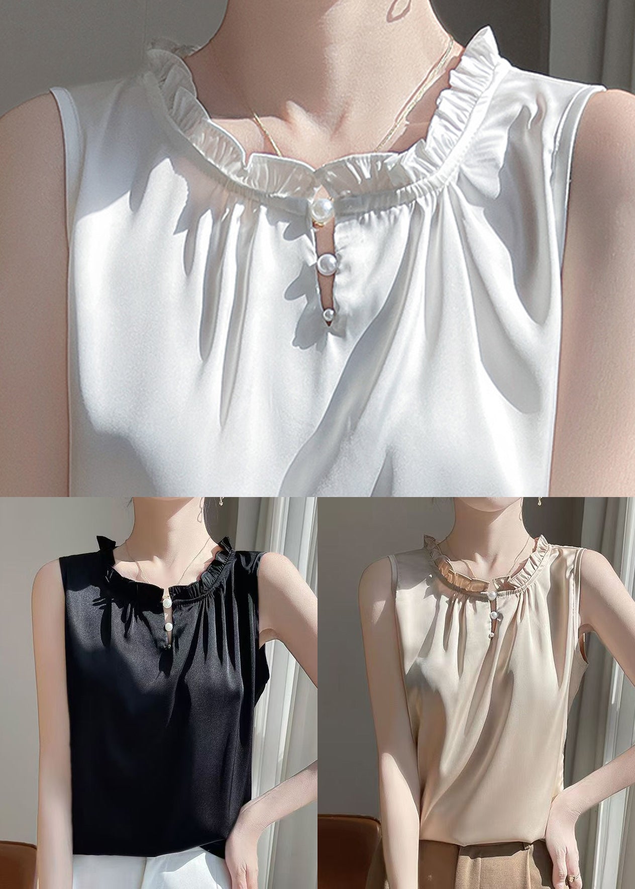 Black Blouse Silk Ruffled Button Sleeveless Solid