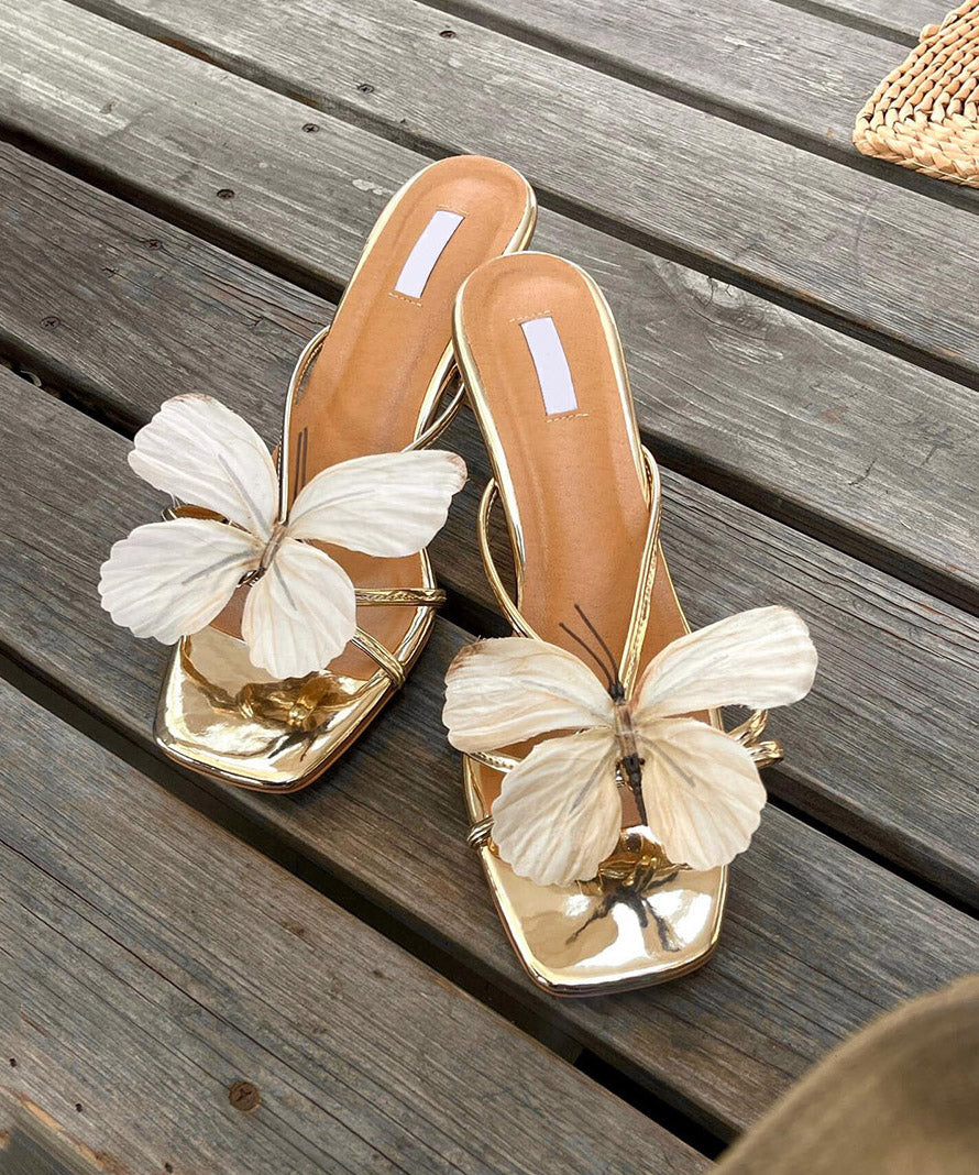 Leather Splicing Black Stylish Slide Sandals Faux Floral Chunky