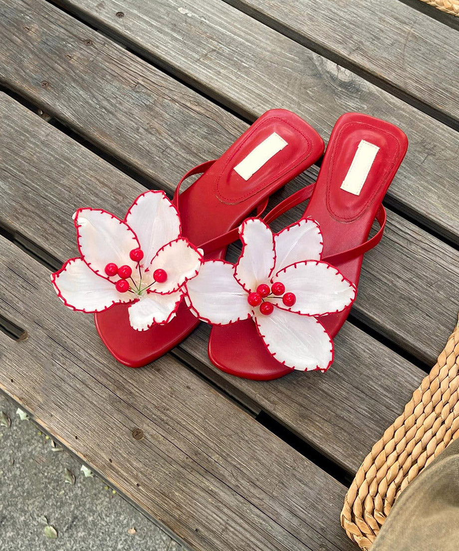 Leather Splicing Black Stylish Slide Sandals Faux Floral Chunky