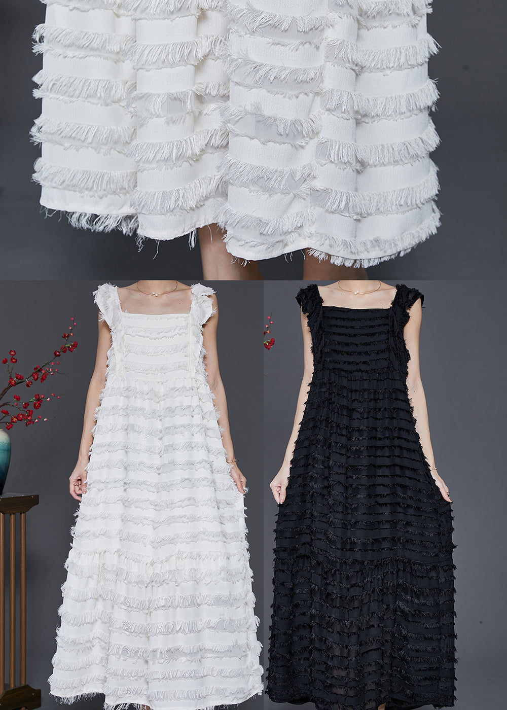 Black Cotton Beach Dresses Square Collar Tasseled Sleeveless SD1041