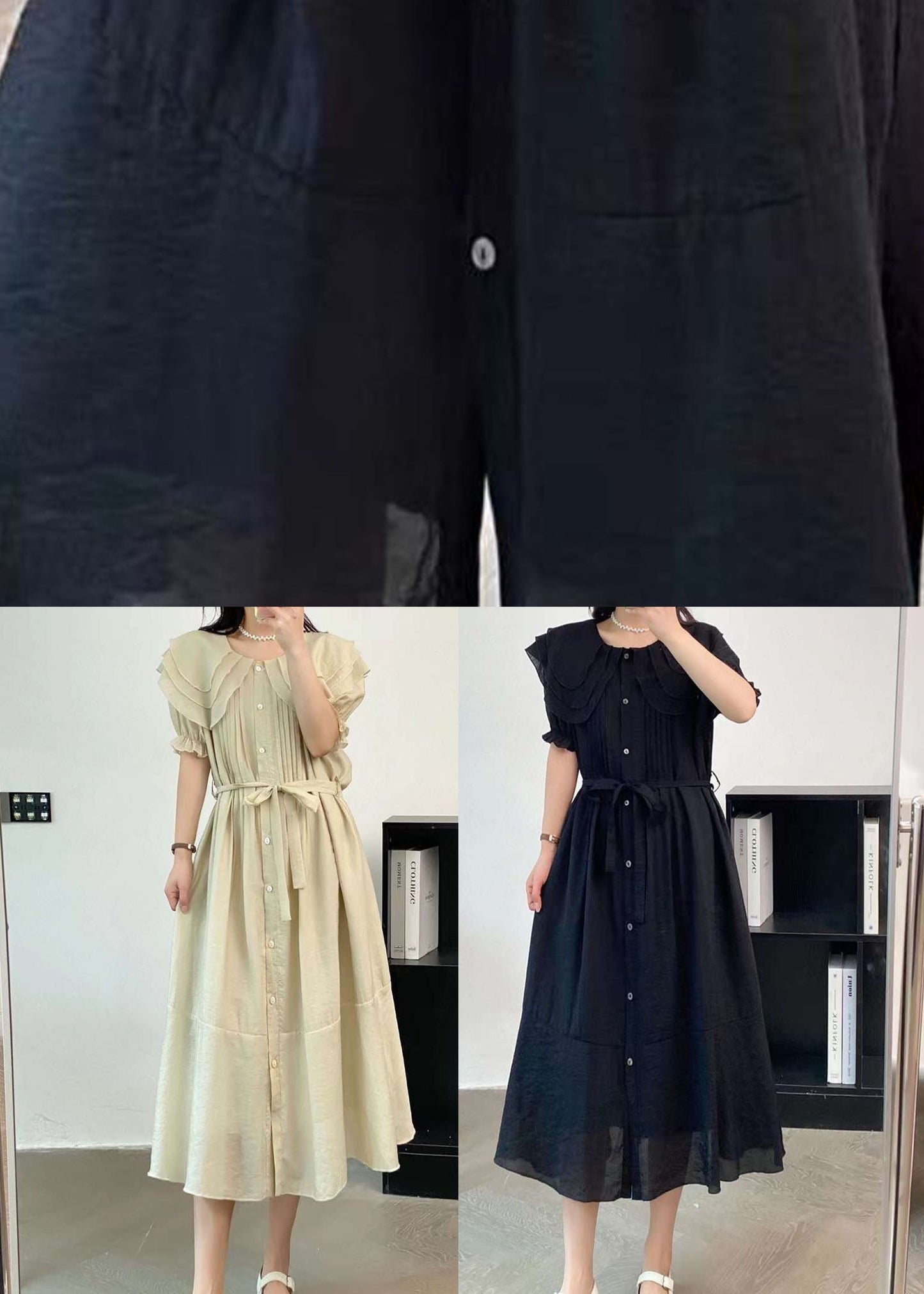 Schwarze Baumwollkleider Peter Pan Kragen Knopfleiste Taille Sommer AP004