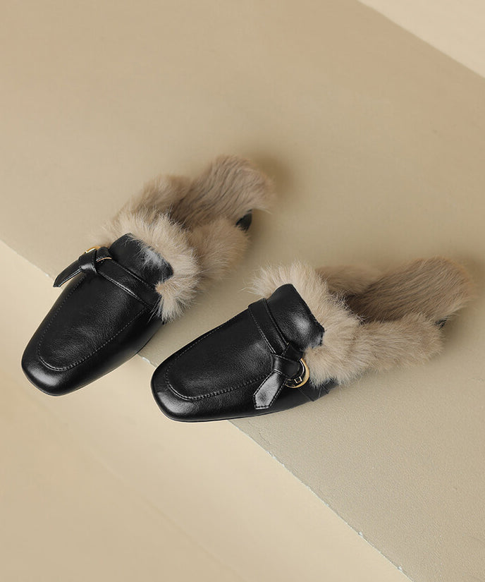 Sandales confortables en cuir de vache noir doublées de laine pelucheuse RS014