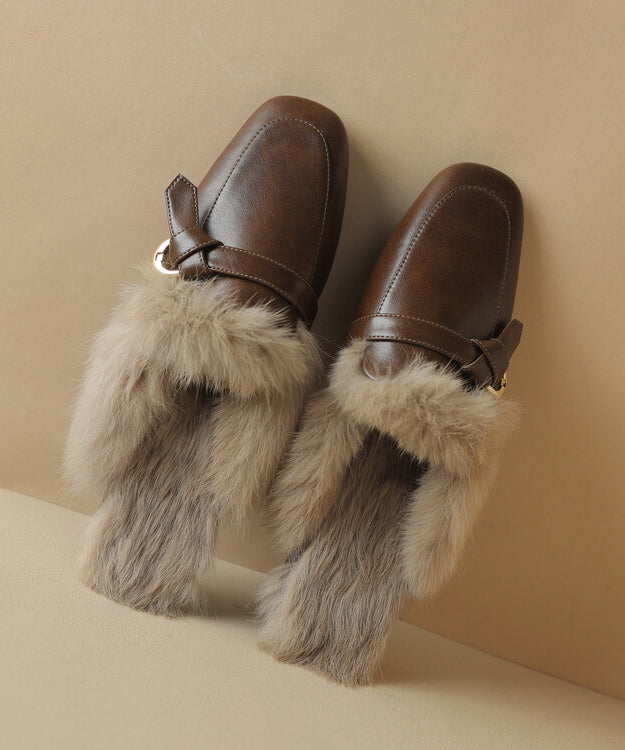 Sandales confortables en cuir de vache noir doublées de laine pelucheuse RS014