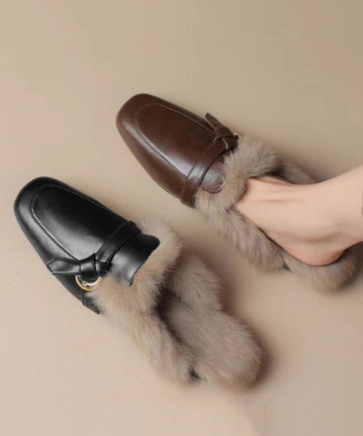 Sandales confortables en cuir de vache noir doublées de laine pelucheuse RS014