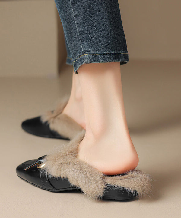 Sandales confortables en cuir de vache noir doublées de laine pelucheuse RS014