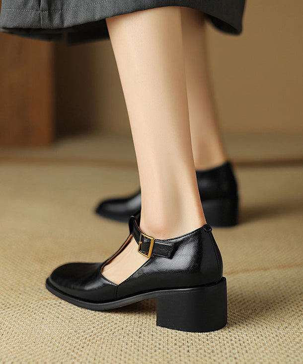 Schwarze, klobige Spleißschuhe aus Rindsleder mit Hohlsaum