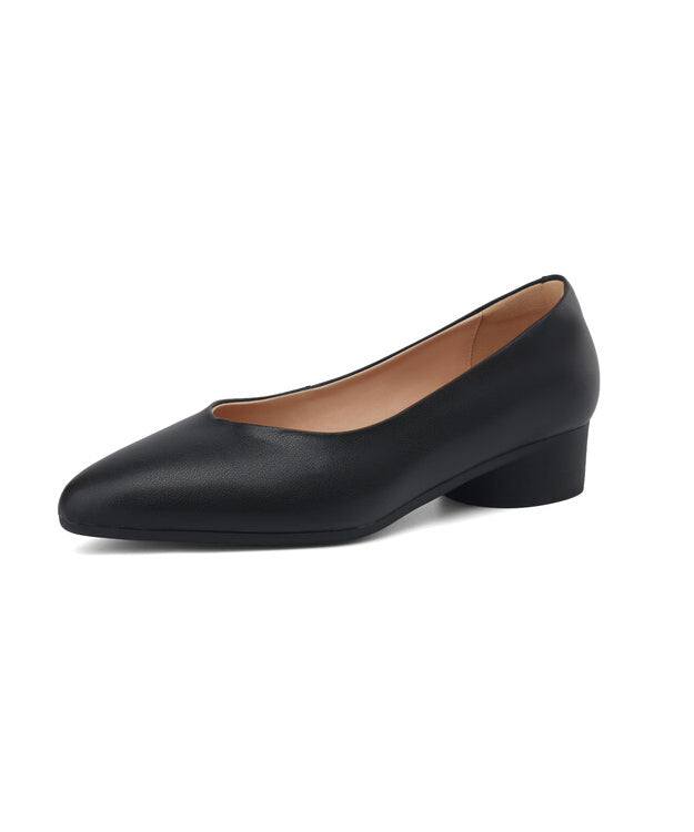Black Pointed Toe Chunky Shoes Splicing Cowhide Leather