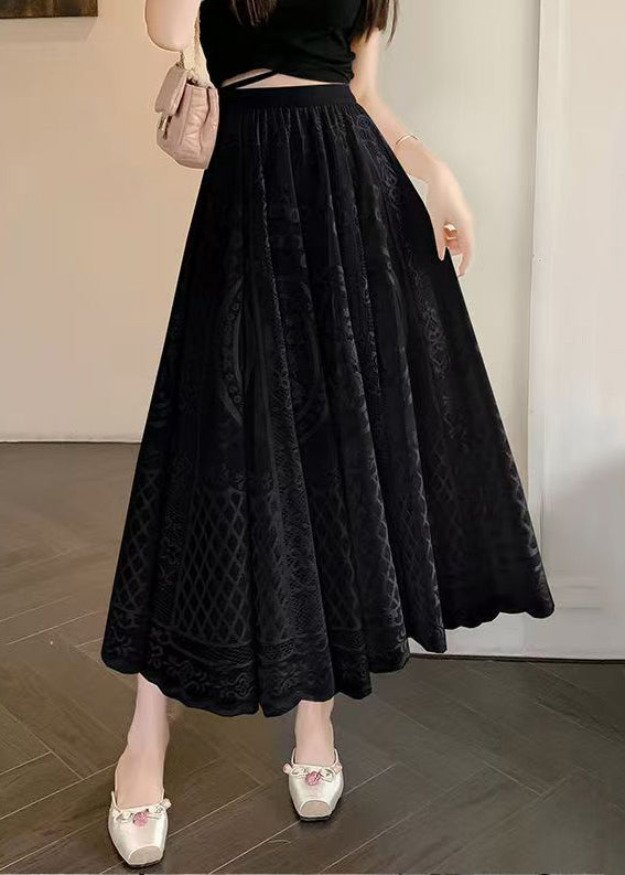 Jupe d'été noire en dentelle brodée à taille élastique