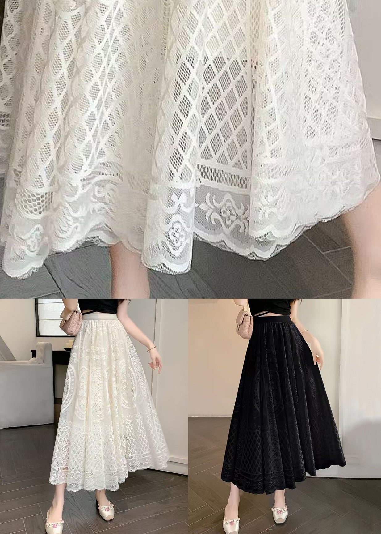Jupe d'été noire en dentelle brodée à taille élastique