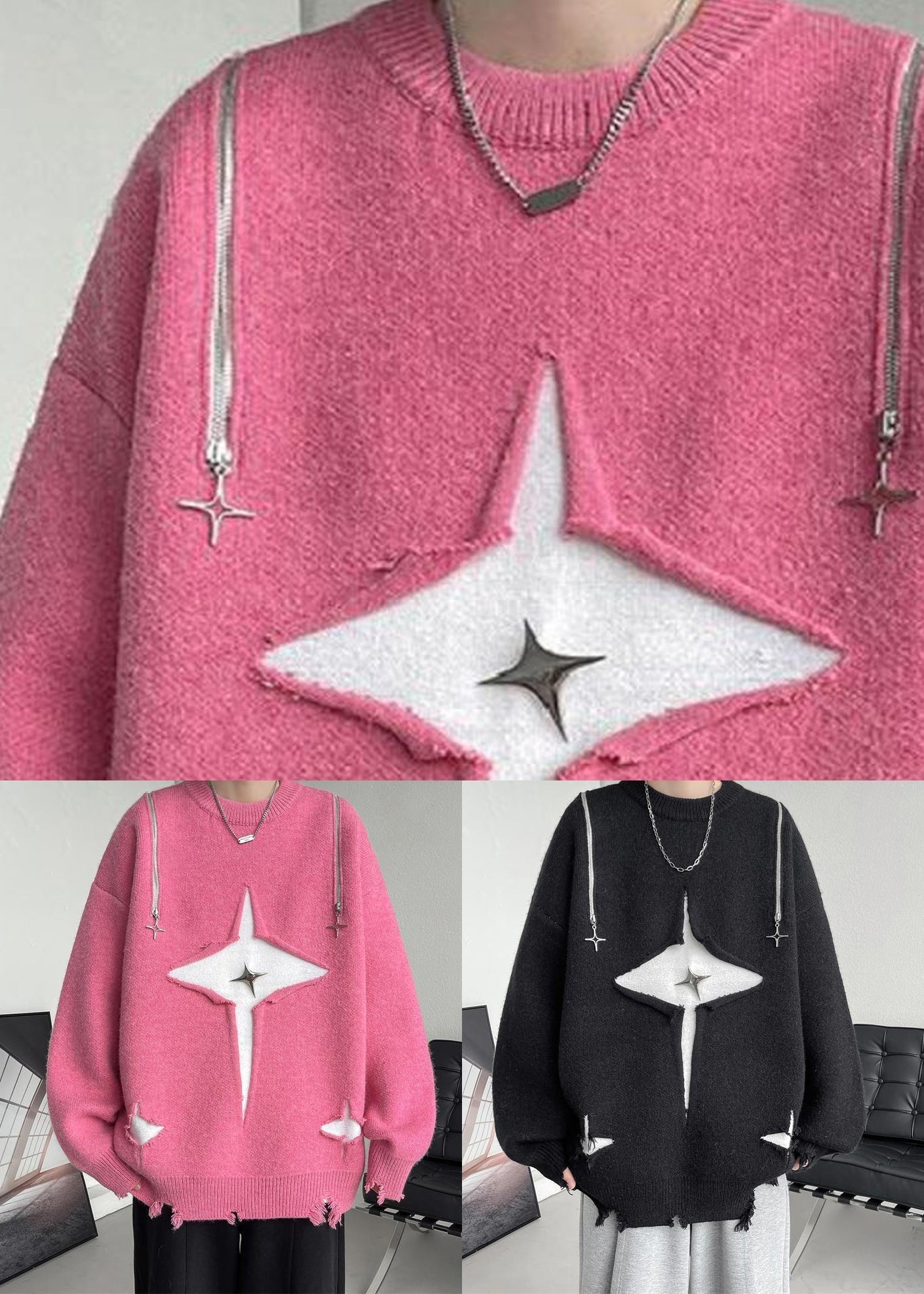 Schwarzer Loch-Reißverschluss-Strickpullover für Herren im Herbst mit Rundhalsausschnitt QH021