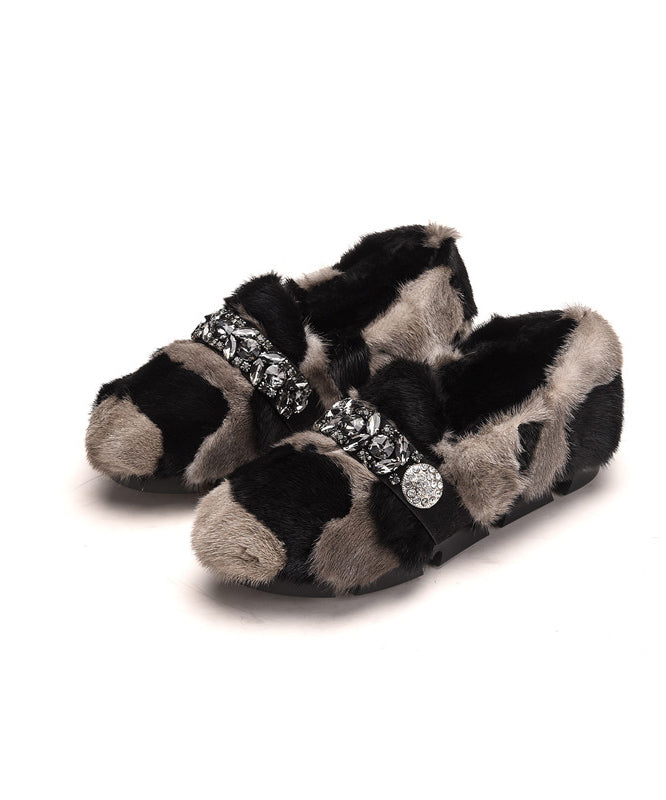 Chaussures plates en poils de vison noir kaki avec zircon TQ060
