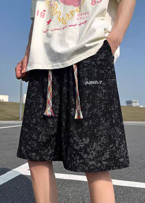 Pockets Letter Dye Tie Black Summer Men Cotton Shorts