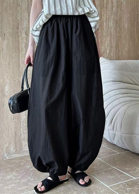 Pantalon en coton noir taille lanterne élastique été ample
