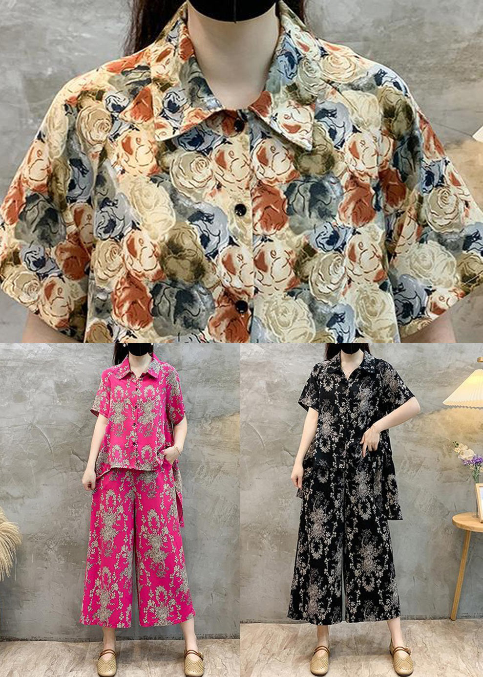 Schwarzes zweiteiliges Set aus Baumwolle mit niedrigem und hohem Design, Peter-Pan-Kragen und kurzen Ärmeln AU1057