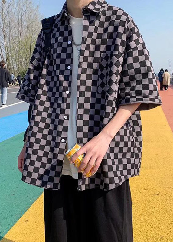 Half Plaid Men Peter Cotton Button Black Collar Shirts Pan Sleeve