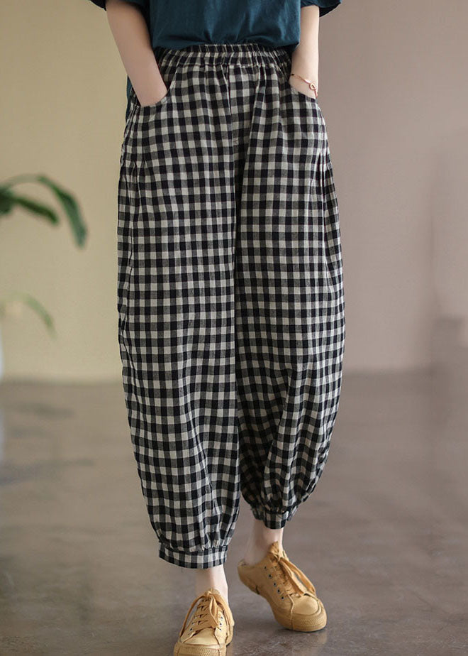 Pantalon court taille haute en lin noir avec poches à carreaux grande taille pour l'été FF021