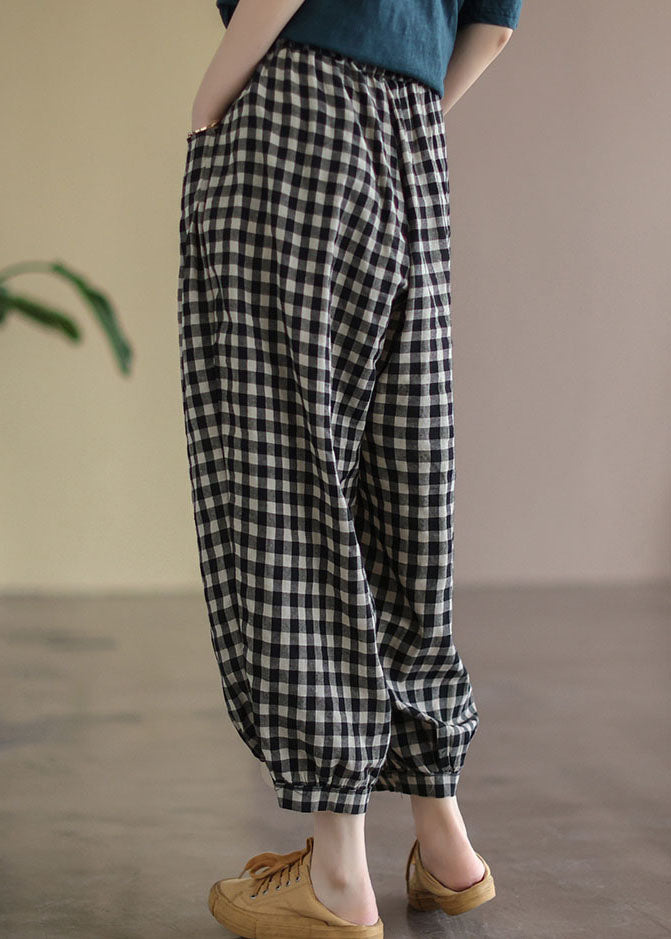 Pantalon court taille haute en lin noir avec poches à carreaux grande taille pour l'été FF021