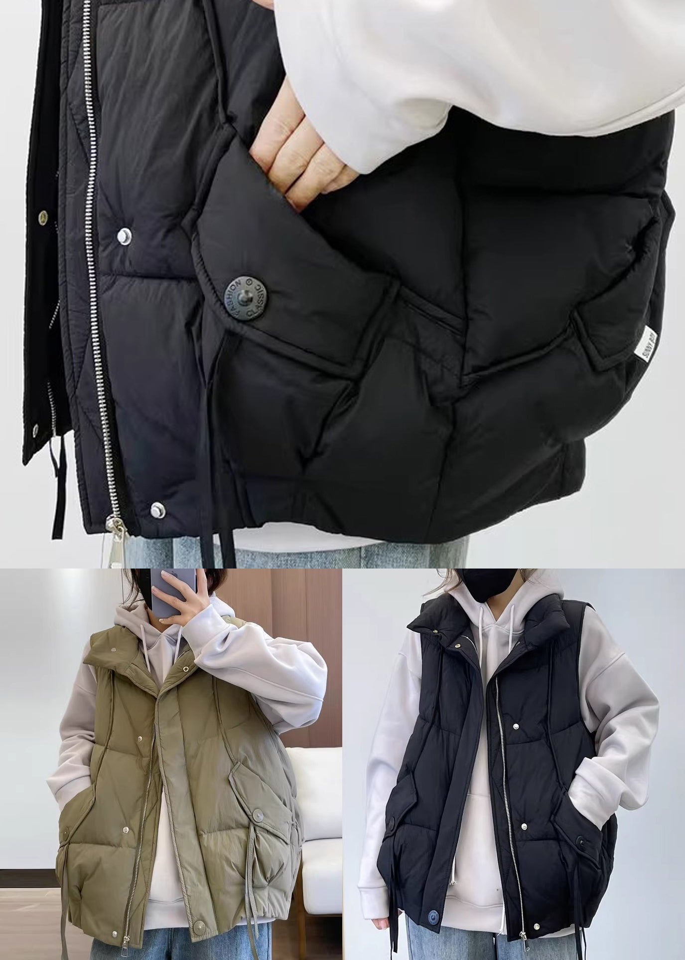 Black Pockets Cotton Filled Waistcoat Zip Up Sleeveless YW013