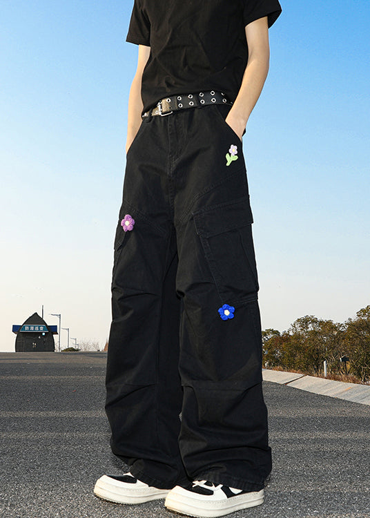 Pantalon taille haute en coton avec poches pour homme, noir, été