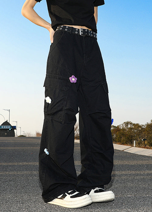 Pantalon taille haute en coton avec poches pour homme, noir, été