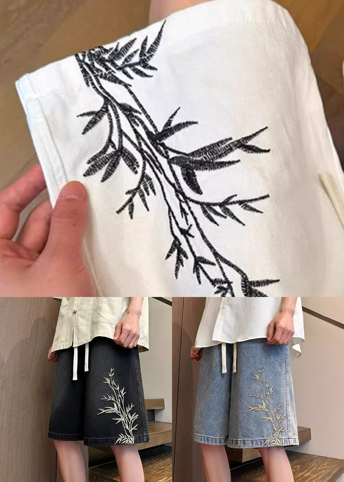 Short d'été en denim noir avec poches élastiques et broderies pour homme