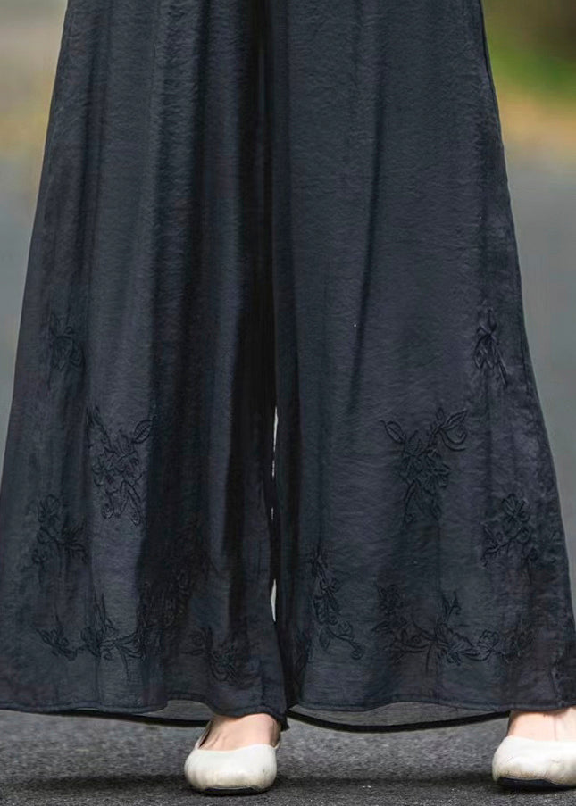 Pantalon d'été noir élastique à poches en soie et taille brodée