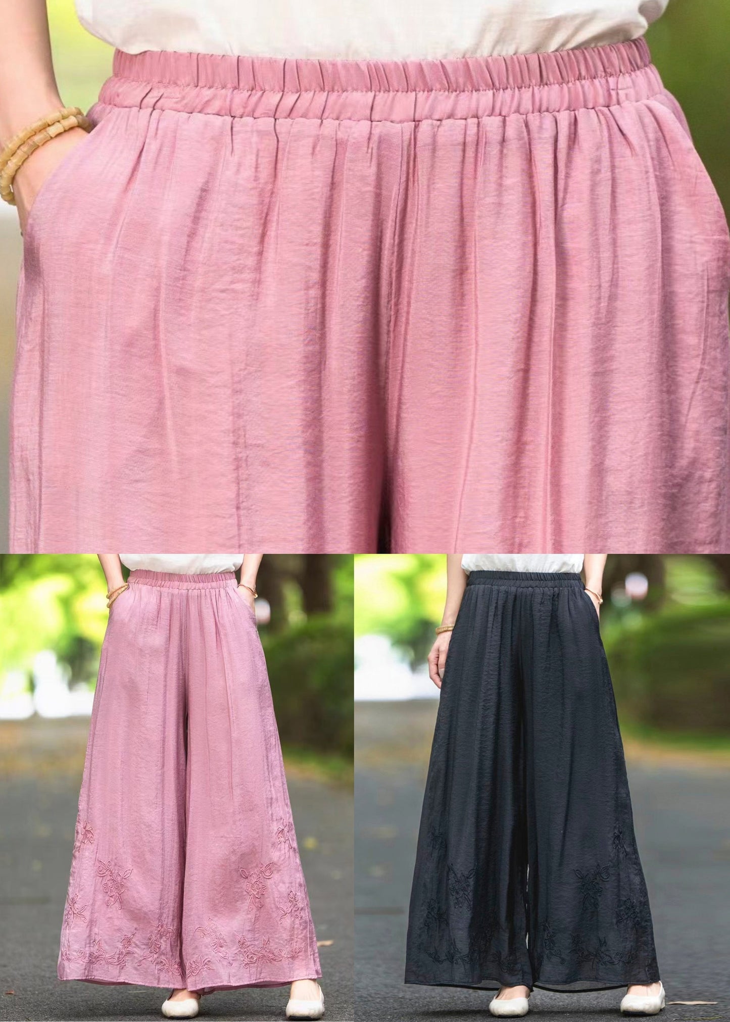 Pantalon d'été noir élastique à poches en soie et taille brodée