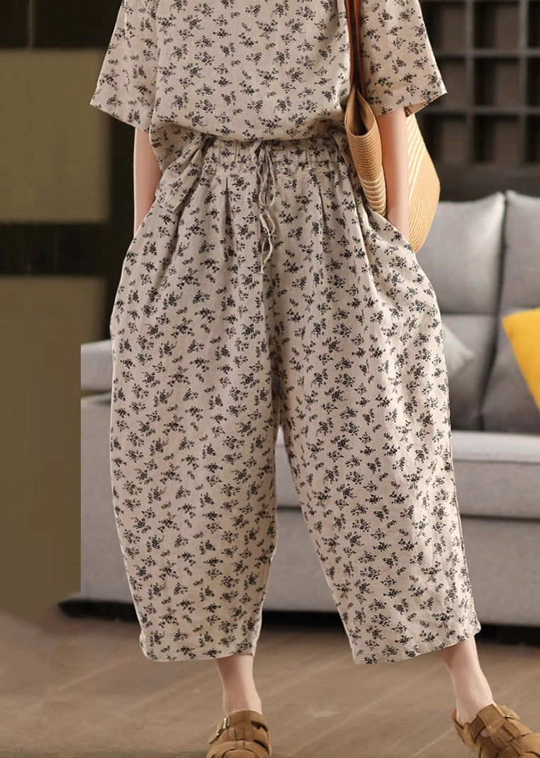 Hose Leinen Crop Taschen Elastisch Sommer Schwarz Taille