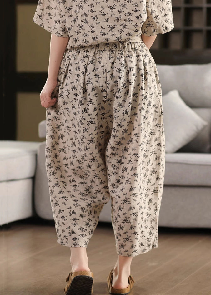 Hose Leinen Crop Taschen Elastisch Sommer Schwarz Taille