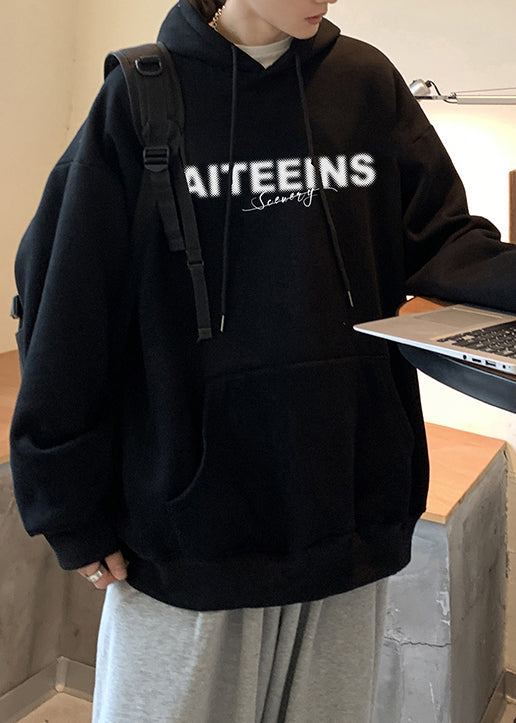 Black Pockets Loose Warm Fleece Spring Men Sweatshirt Hooded YQ024