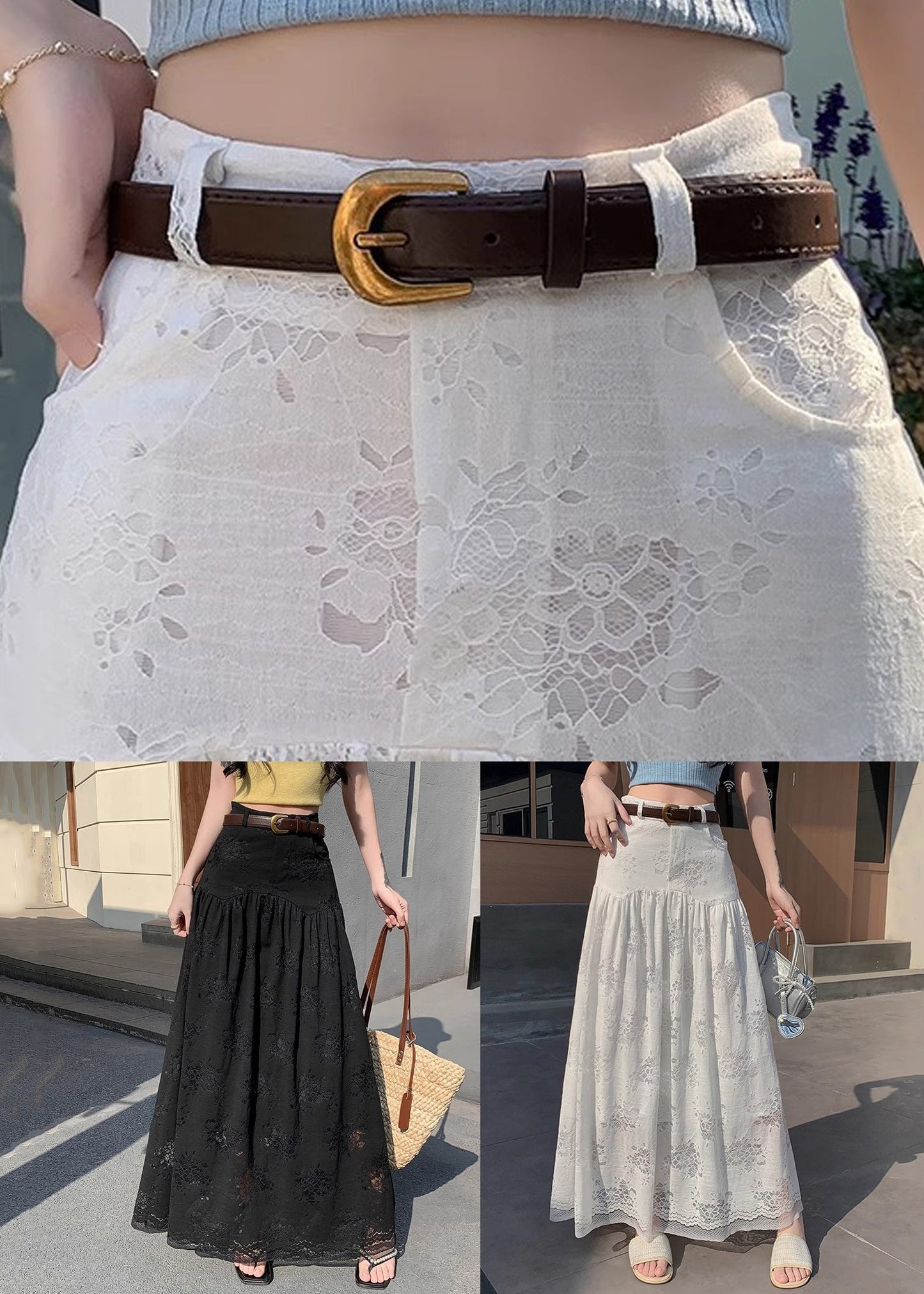 Lace High Summer Waist Pockets Black Skirts Wrinkled