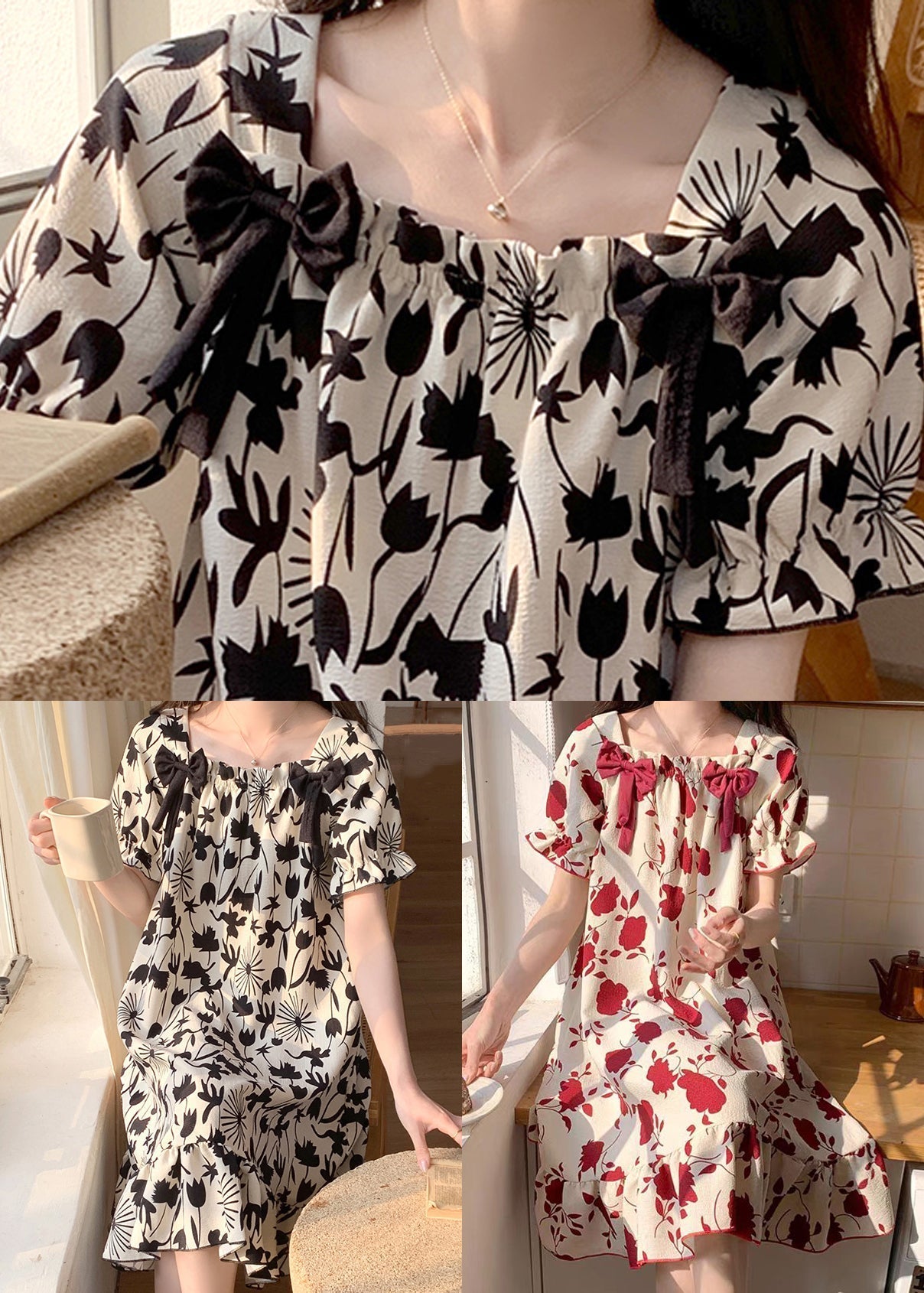Black Print Bow Pajamas Dresses Square Collar Butterfly Sleeve YK017