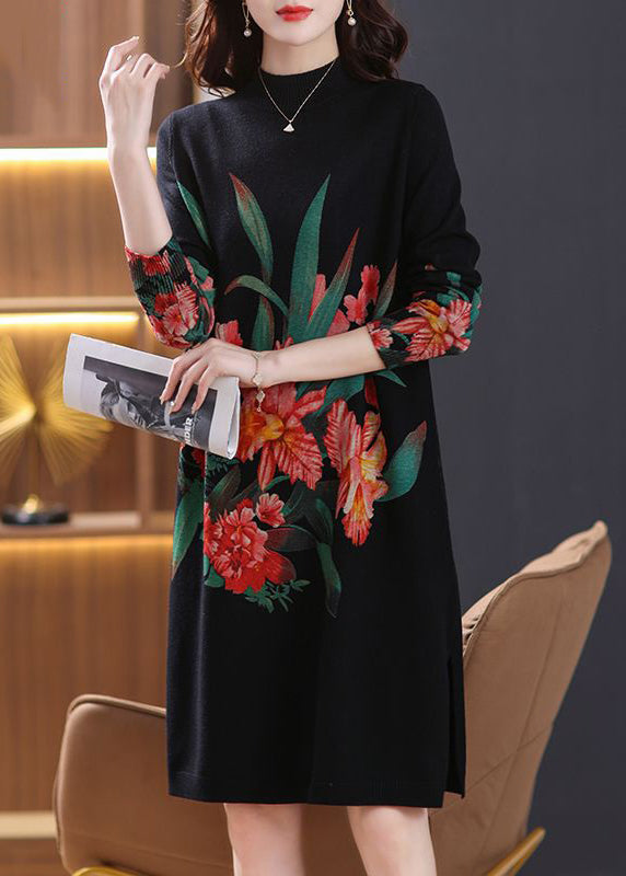 Robe noire en tricot de laine confortable à col roulé, ouverture latérale, printemps TB022